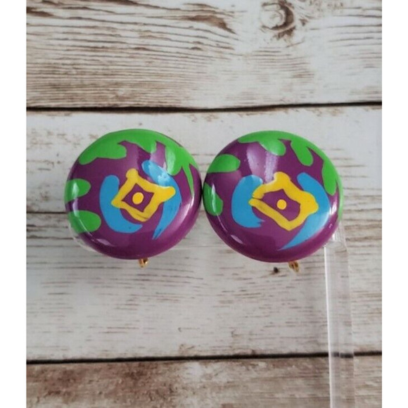 Vintage Clip On Earrings - Colorful Green, Purple, Blue, Yellow Large - Picture 1 of 4